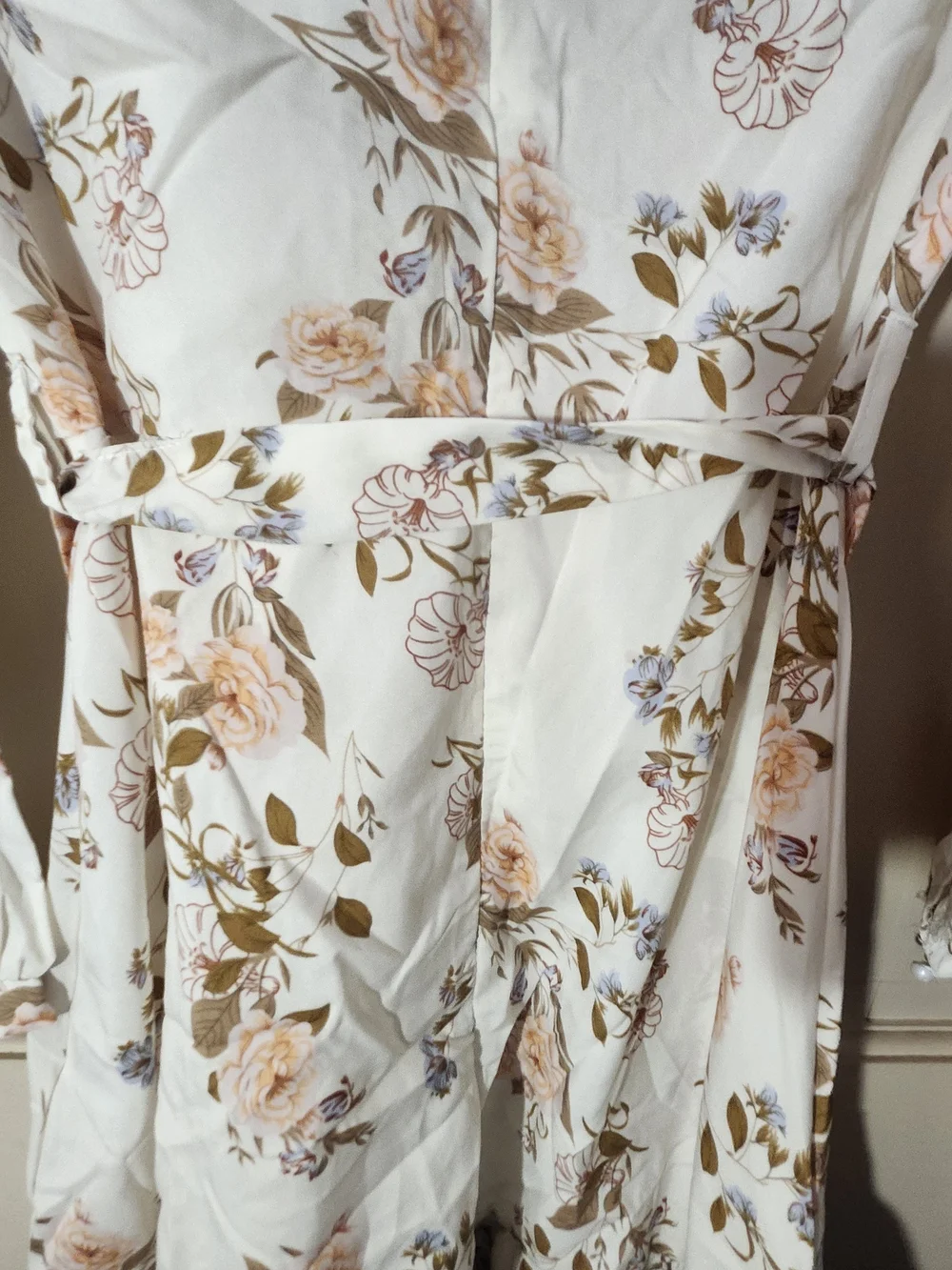 Floral Lace-Trim Long Sleeve Cream Dress with Tie Waist